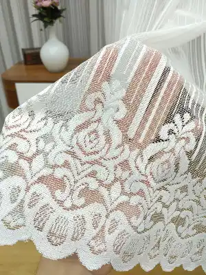 Etek Ucu Desenli Boyuna Çizgili Tül Perde ( Hazır Ölçü 1/2.5 Normal Pile )- Ekru 200cm X 195cm 