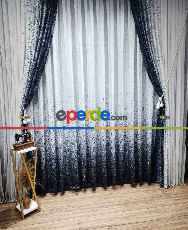 Mutfak - Lacivert Püskürtme Tül Fon Perde