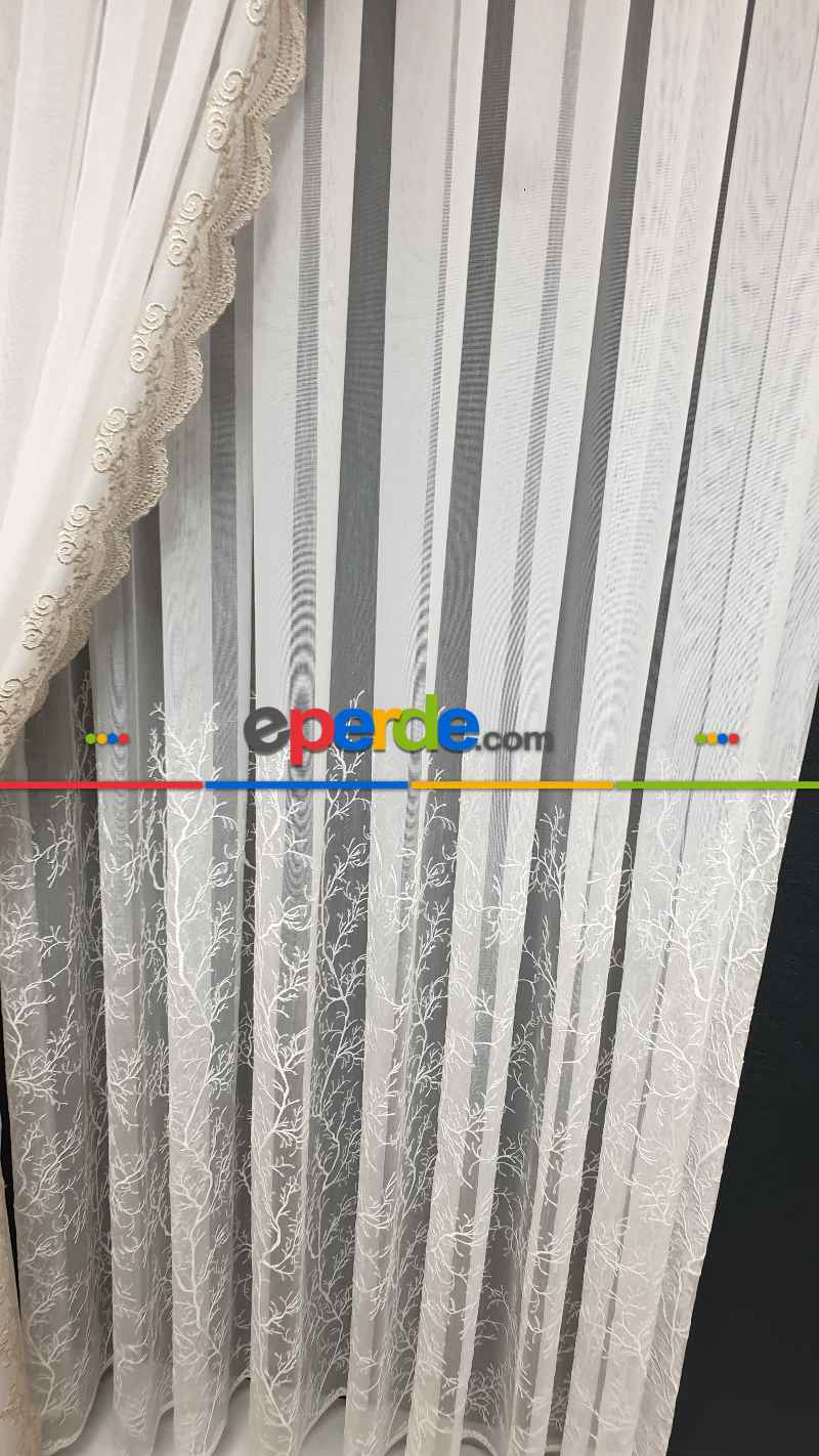 Salon - Selvi İşlemeli Tül Perde- Beyaz