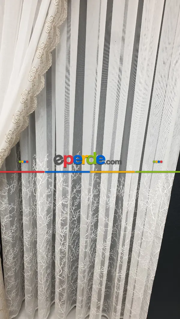 Salon - Selvi İşlemeli Tül Perde- Beyaz