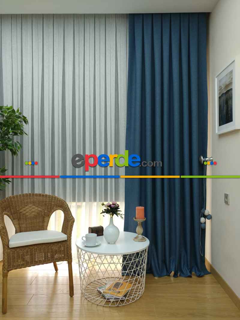 Keten Mavi Renk Düz Fon Perde - Mavi