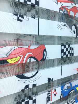 Zebra Perde - Araba-far Baskılı Çocuk Ve Genç Odası- Yeşil-mavi-kiremit Rengi