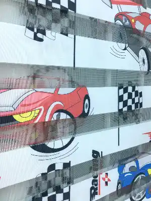 Zebra Perde - Araba-far Baskılı Çocuk Ve Genç Odası- Yeşil-mavi-kiremit Rengi