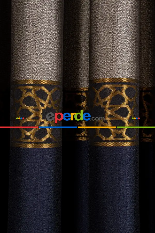 Modern Pano Fon Perde - Lacivert - Altın -vizyon 50cm X 1cm 