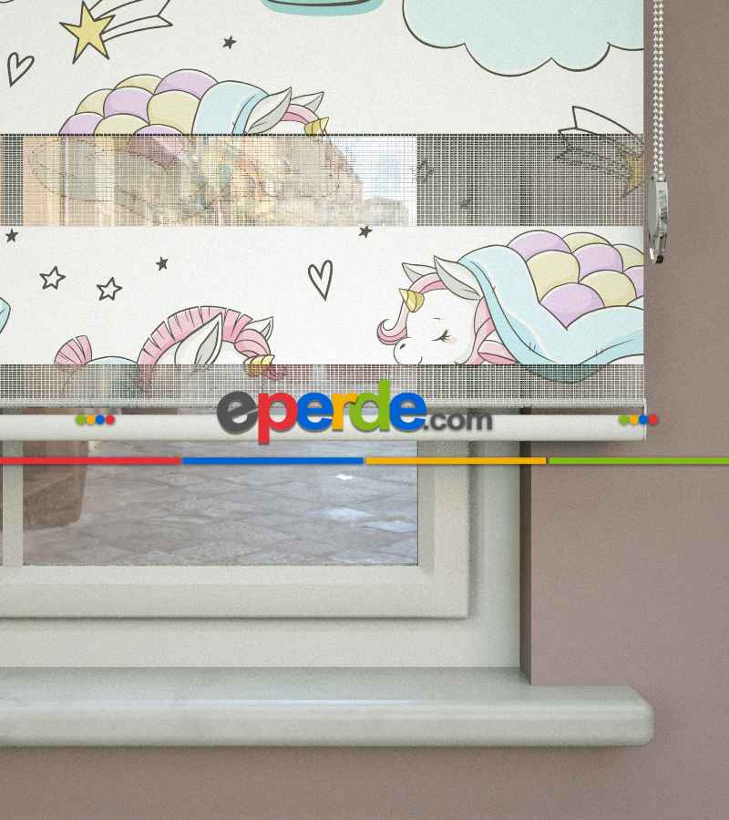 Unicorn Desenli Baskılı Zebra Perde- Çok Renkli
