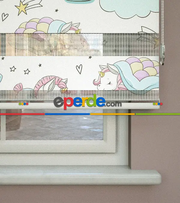 Unicorn Desenli Baskılı Zebra Perde- Çok Renkli