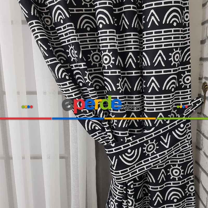 Etnik Desenli Fon Perde Evm1522 Kumaşı Kalındır Duck Bezi Değildir- Siyah