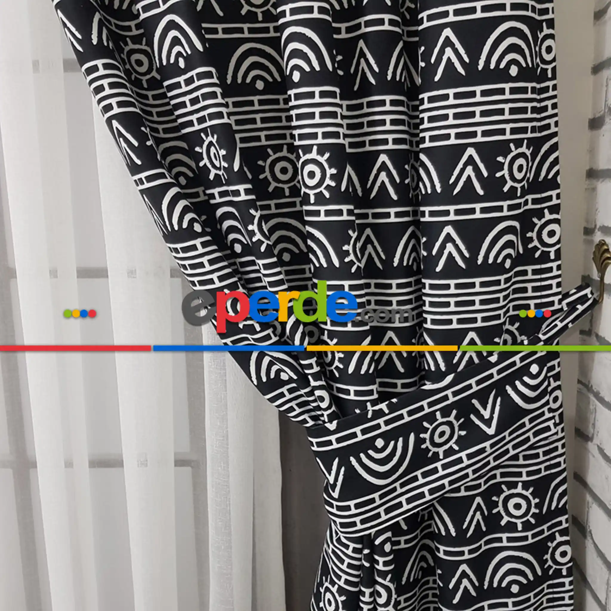 Salon Fon - Etnik Desenli Fon Perde Evm1522 Kumaşı Kalındır Duck Bezi Değildir- Siyah