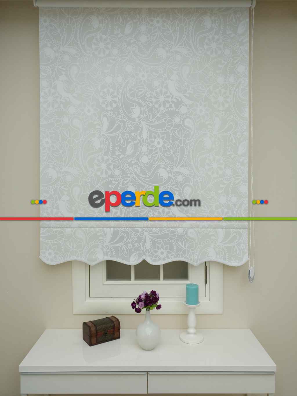 Desenli Mutfak Stor Perde- Beyaz