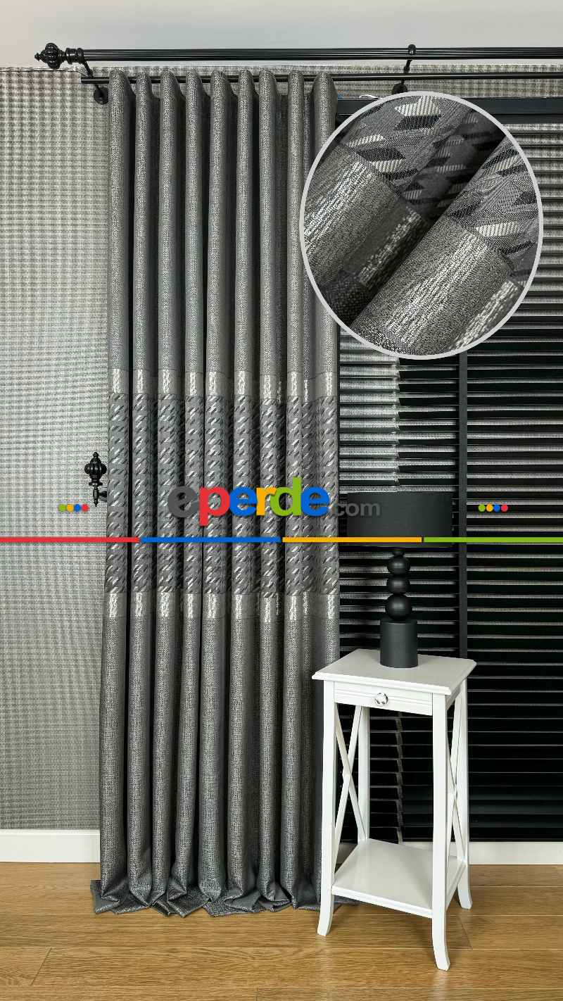 Gri Gümüş Fon Perde, Kazayağı Desenli Jakar Dokuma Pano Model