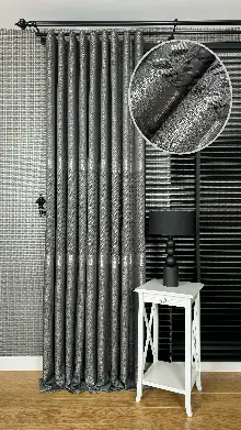 Gri Gümüş Fon Perde, Kazayağı Desenli Jakar Dokuma Pano Model