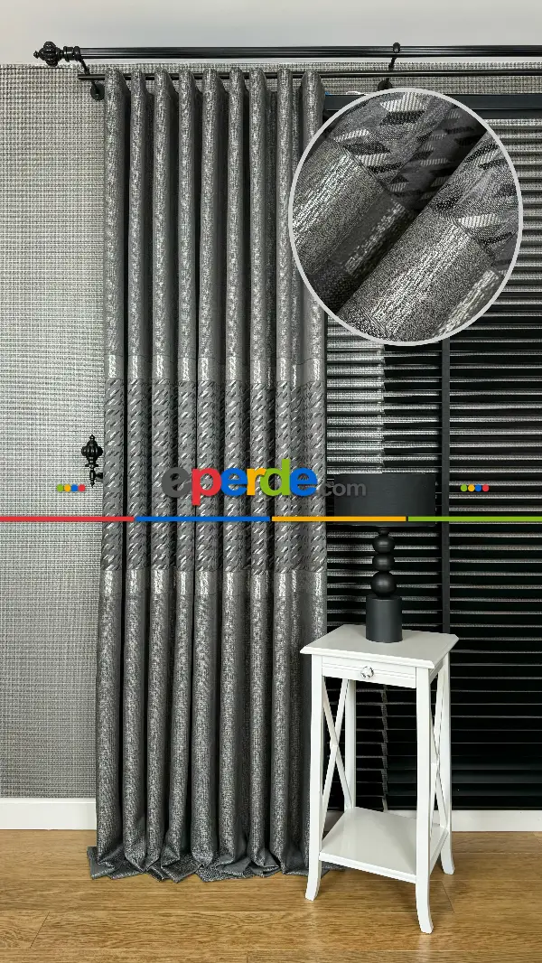 Gri Gümüş Fon Perde, Kazayağı Desenli Jakar Dokuma Pano Model