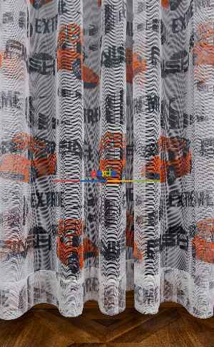 Hazır Ölçülü Petek Zemin Kırmızı Renkli Araba Desenli Grek Baskılı Tül Perde