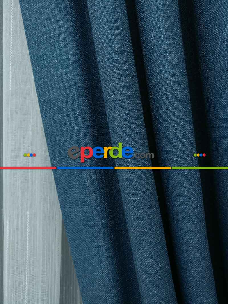 Keten Mavi Renk Düz Fon Perde - Mavi
