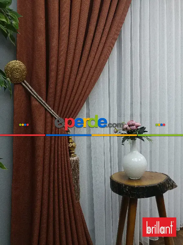 Yatak Odası - Brillant Keten Kiremit Renk Düz Fon Perde - Kiremit Rengi