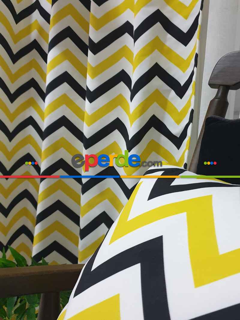 Siyah-Sarı Modern Mutfak Perdesi Kanat Fon Perde Zikzak Desenli- Siyah