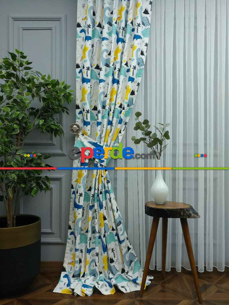 Erkek Çocuk ve Bebek Odası Fon Perde - Dinazor Desenli - Mavi Sarı