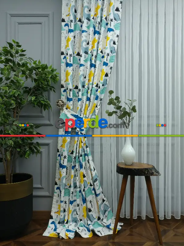 Bebek Odası Fon - Dinazor Desenli Fon Perde Evm499 Kumaşı Kalındır Duck Bezi Değildir- Mavi-Sarı