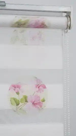 Çiçekli Desen Zebra Perde- Pembe-beyaz Buz Beyazı