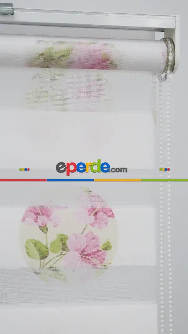 Çiçekli Desen Zebra Perde- Pembe-beyaz Buz Beyazı