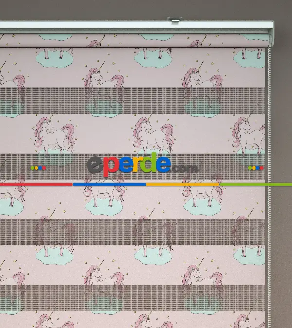 Unicorn Desenli Baskılı Zebra Perde- Çok Renkli
