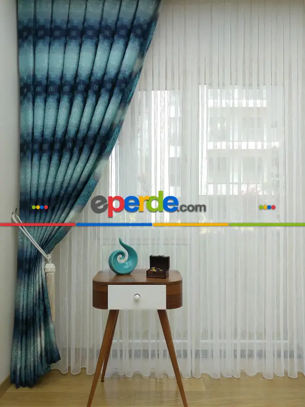 Salon Fon Perde - Fon Perde Turkuaz Damask Desenli(fon Demiri Hediyeli)- Turkuaz