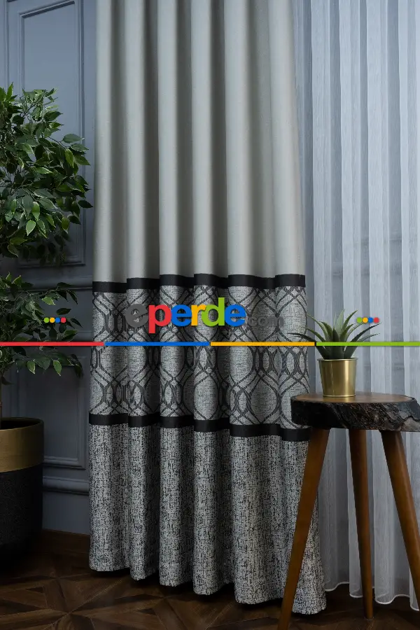 Modern Pano Fon Perde Bantlı Çift Renk - 503- Siyah-gri-füme-antrasit-bej-füme