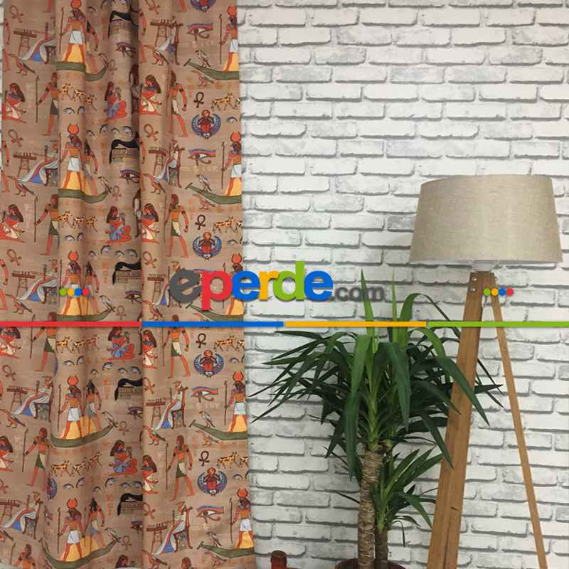 Antik Mısır Papirüs Desenli Fon Perde Evm593 Kumaşı Kalındır Duck Bezi Değildir- Siyah-Mavi-Beyaz