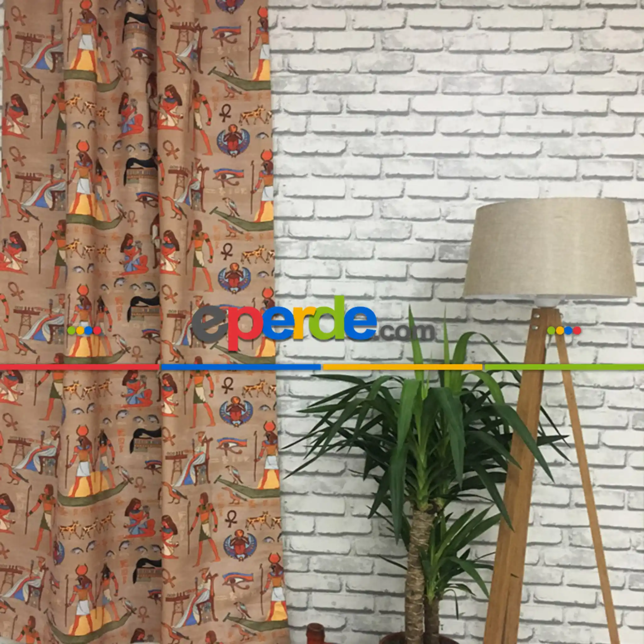 Antik Mısır Papirüs Desenli Fon Perde Evm593 Kumaşı Kalındır Duck Bezi Değildir- Siyah-Mavi-Beyaz