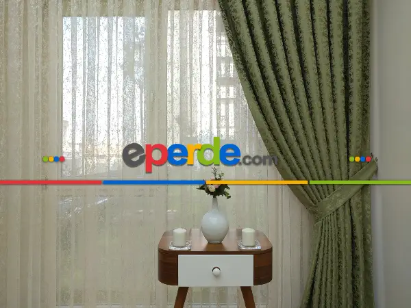 Yağ Yeşili Kendinden Desenli Jakar Fon Perde (285 En)- Açık Yeşil