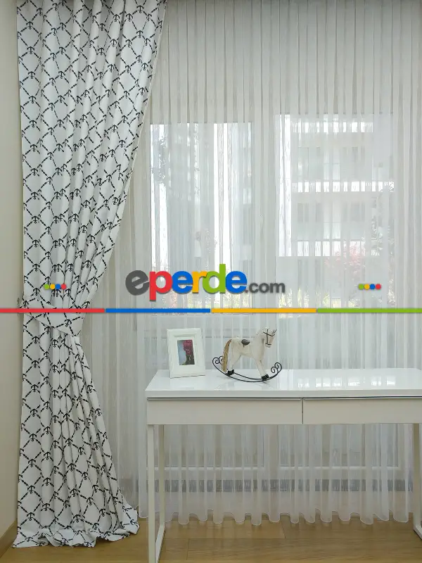 Çapa Denizci Desenli Erkek Bebek Ve Çocuk Odası Fon Perde Modelleri- Siyah-Beyaz