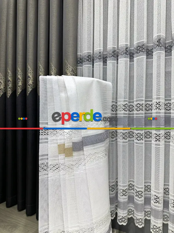 Örme Tül Perde - Etek Ucu Desenli ve Bantlı Tül - Ekru/Gri/Altın/Gold/Beyaz