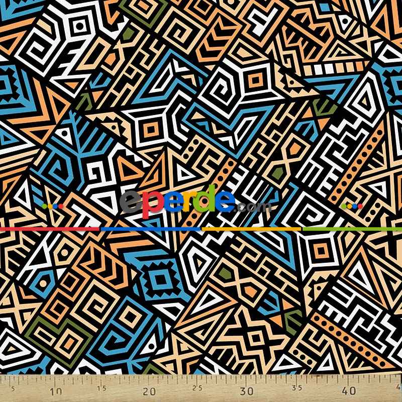 Etnik Desenli Fon Perde Evm566 Kumaşı Kalındır Duck Bezi Değildir- Siyah-Mavi-Krem-Turuncu