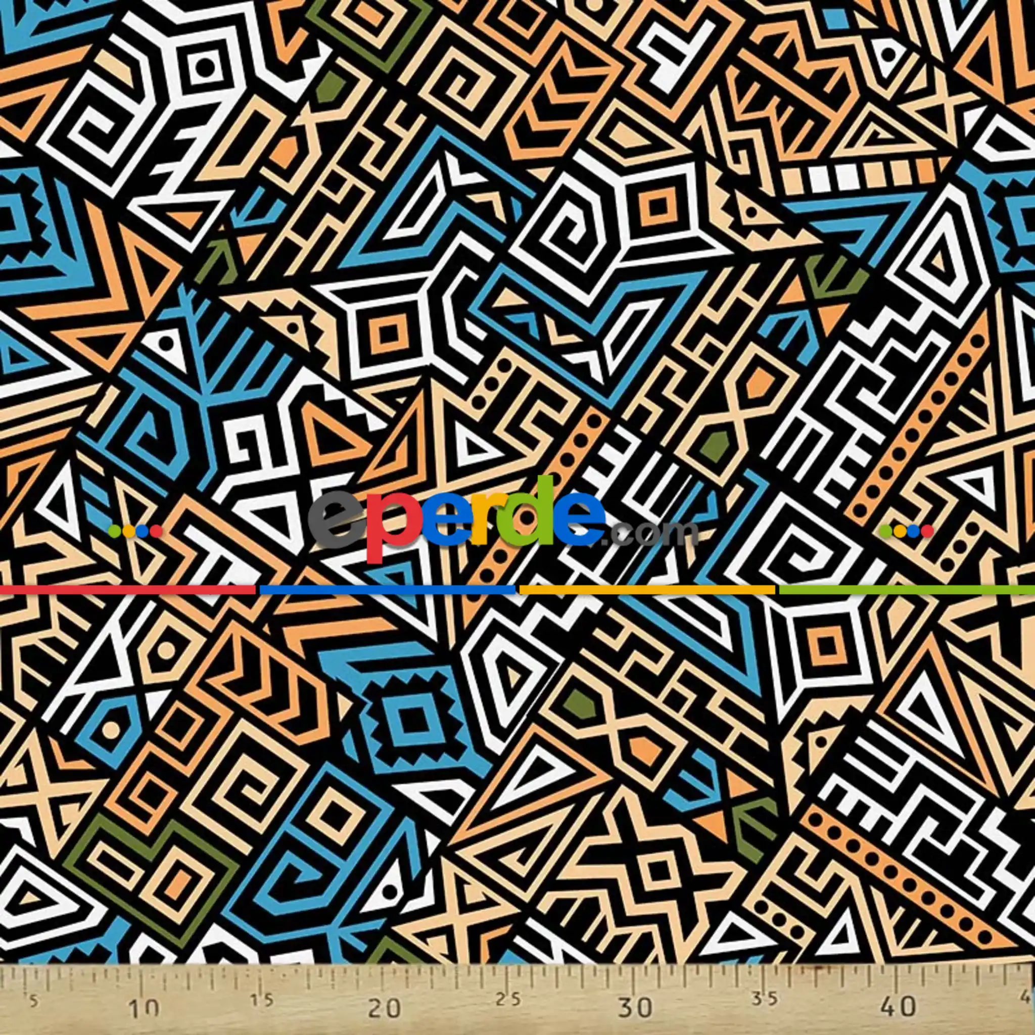 Genç Odası - Etnik Desenli Fon Perde Evm566 Kumaşı Kalındır Duck Bezi Değildir- Siyah-Mavi-Krem-Turuncu