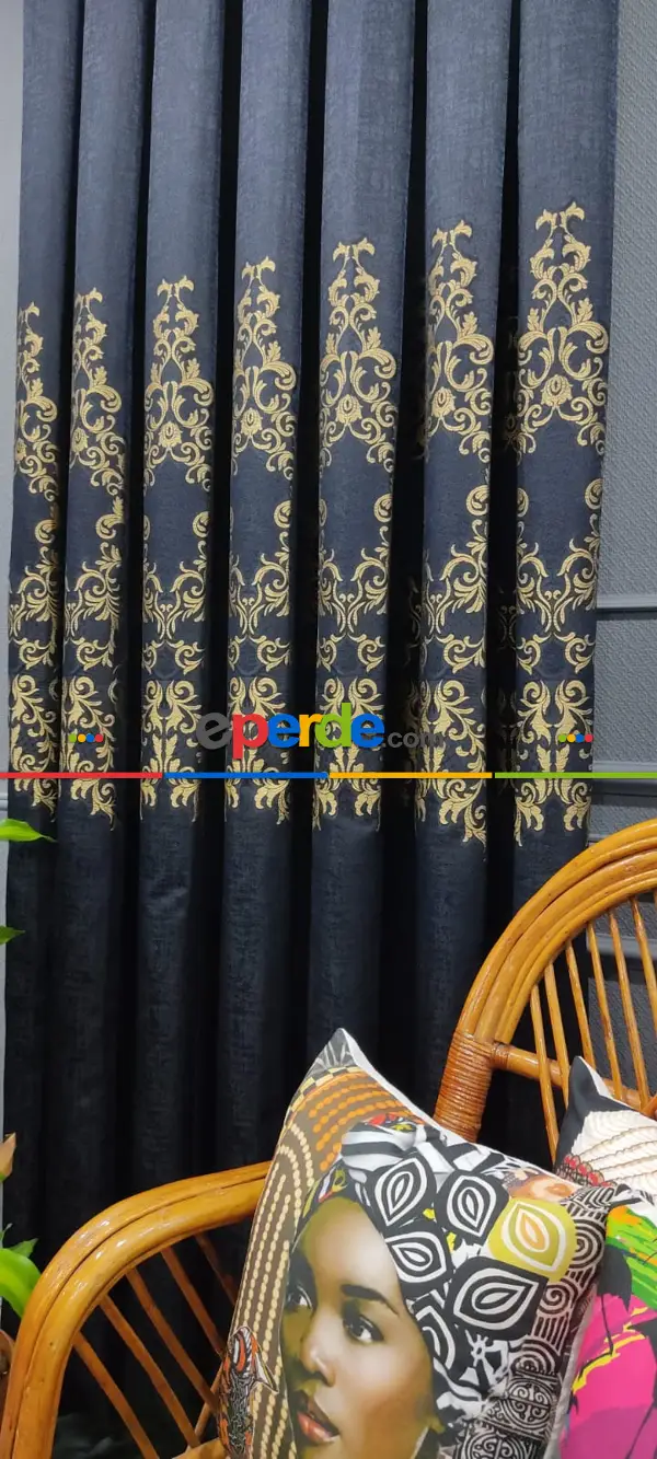 Yatak Odası - Lacivert Damask Desenli, Dokuma Fon Perde, Adet Fiyatıdır, İstediğiniz Boy Ölçüsünde Dikilir, Eni 50 İla 100cm Arası Seçenekler, Sık Piledir 50cm X 1cm 