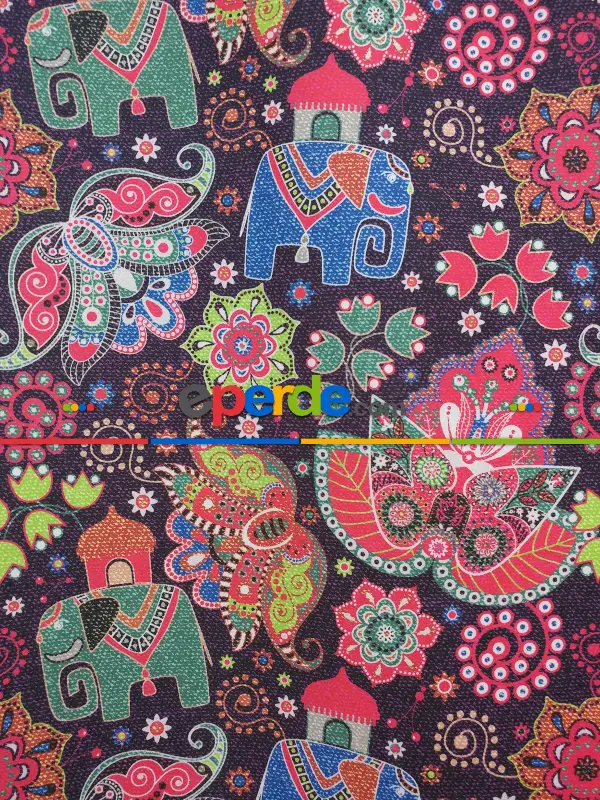 Fil Desenli Etnik Hazır Fon Perde - Kumaşı Kalındır Duck Bezi Değildir- Lacivert-Mavi-Beyaz-Mor-Fuşya