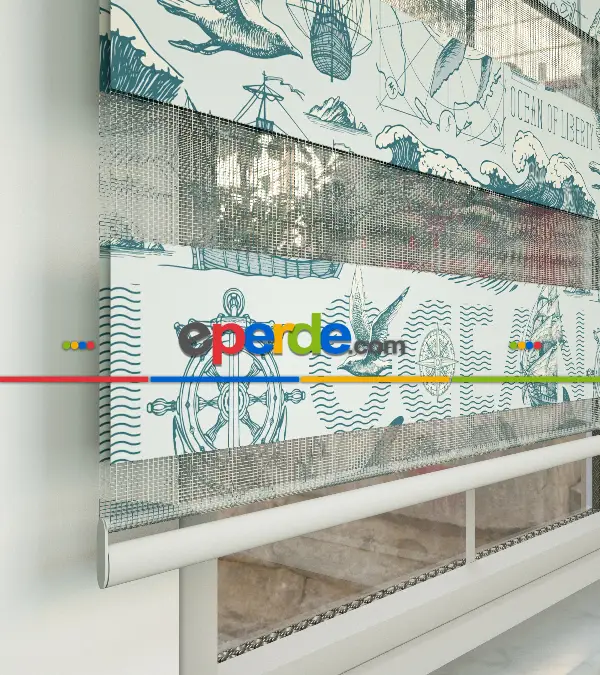 Bebek Odası Zebra -  Denizci Desenli Baskılı Zebra Perde-  Çok Renkli 2