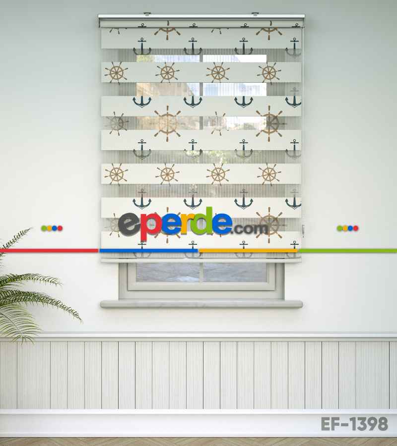 Bebek Odası Zebra Perde - Denizci Desen Baskılı Zebra Perde- Çok Renkli