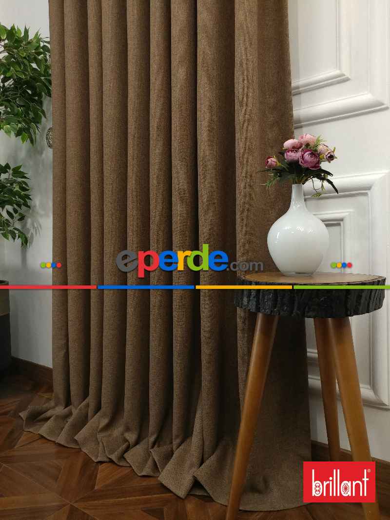 Brillant Keten Kahve Renk Düz Fon Perde - Kahve Açık