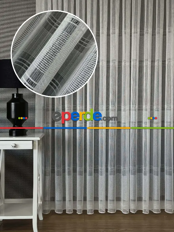 Yatak Odası Ekru Zincir Çizgili Desen Tül Perde - Yüksek Kalite Kurşunlu Tül