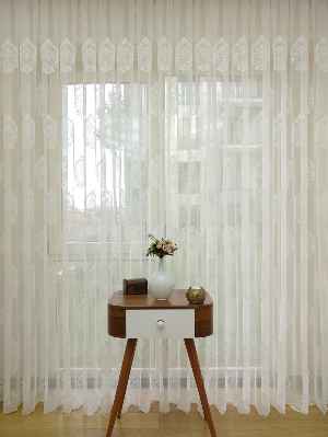 Damask Desenli Özel Örme Dokulu Tül Perde- Ekru