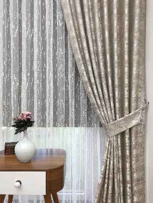 Bej - Katyonik Jakar Fon Perde- Bej