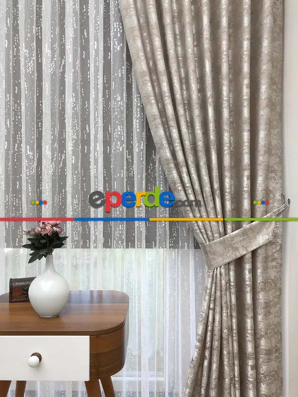 Bej - Katyonik Jakar Fon Perde- Bej