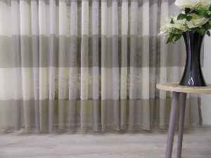 Oturma Odası - Şerit Desenli Keten Tül Perde- Sütlü Kahve