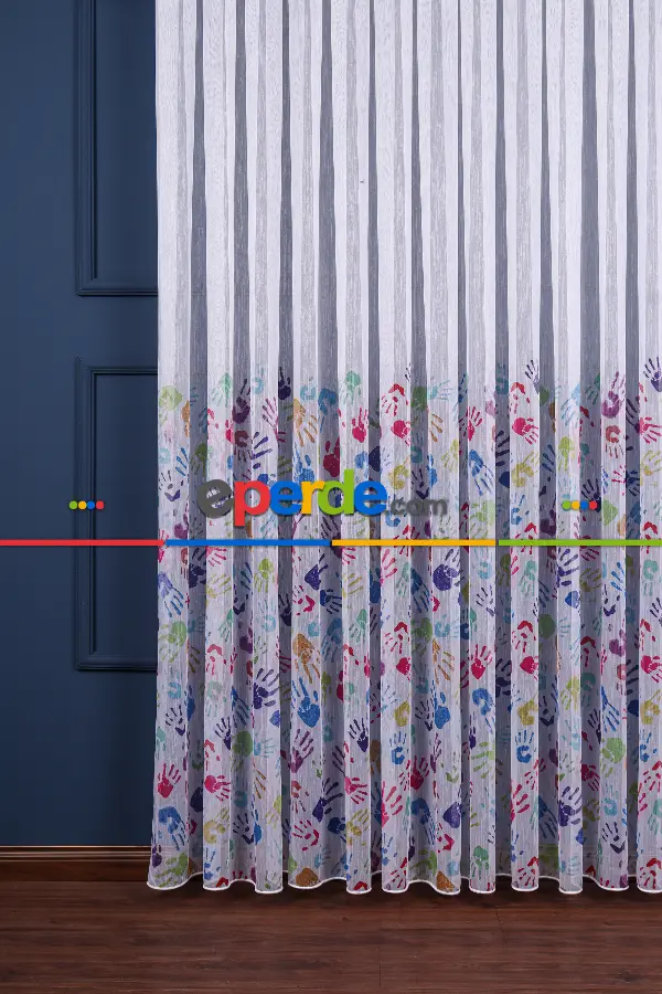 Genç - Çocuk Odası Renkli El Desenli Tül Perde