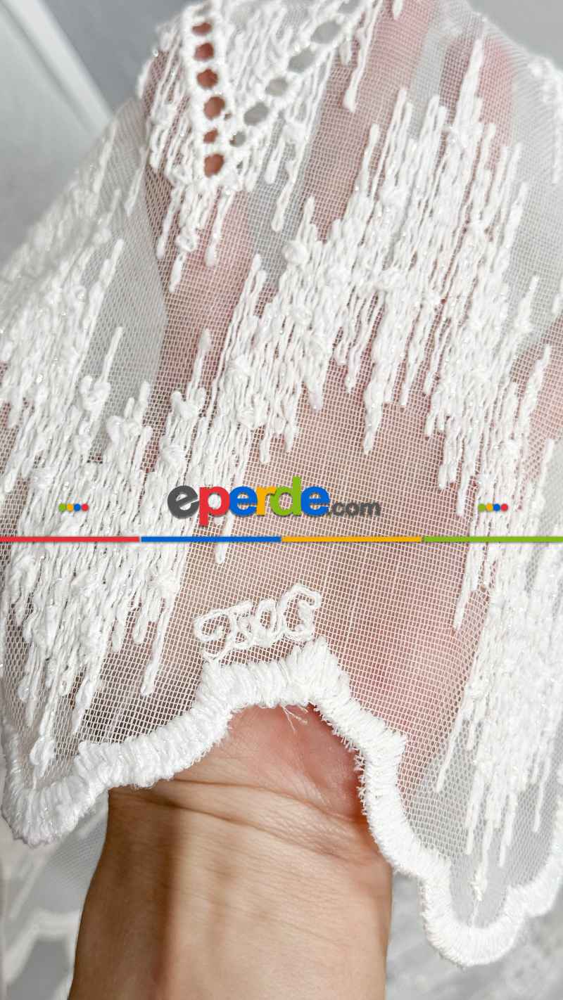 Taç Ekru Hafif Simli Nakışlı Tül Perde