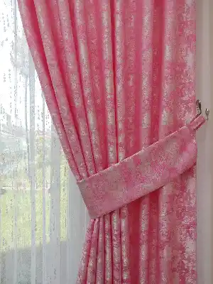 Patinedesenli Pembe - Katyonik Jakar Fon Perde- Pembe
