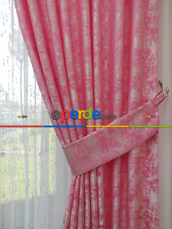 Patinedesenli Pembe - Katyonik Jakar Fon Perde- Pembe