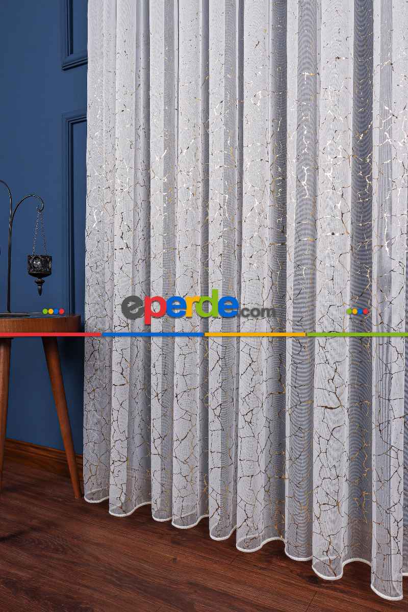 Salon Tül - Granit Dijital Baskılı Tül Perde Ekru-gold