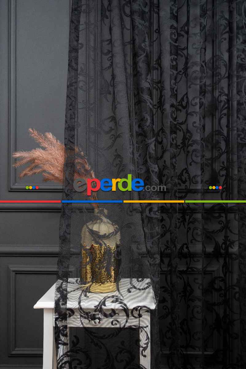 Sarmaşık Şal Desen Siyah Renk Desen Tasarım Tül Perde